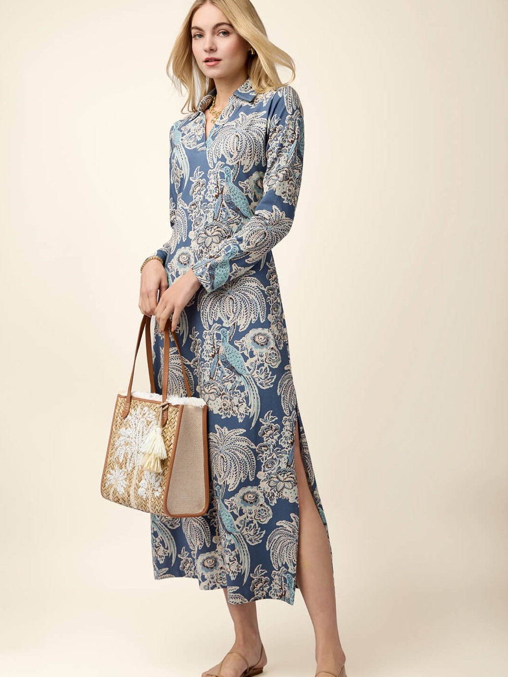 Spartina 449 Celia Midi Dress St. Augustine Bird Palm Blue Paisley Floral Small